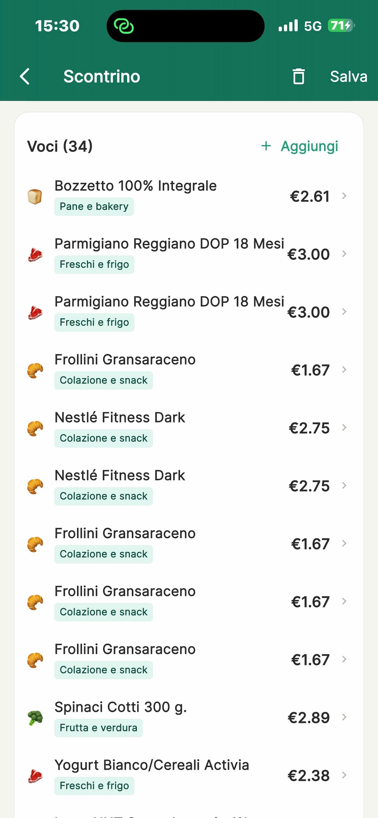 Scontrino letto dall’AI di Budgetto con prodotti, prezzi e categorie