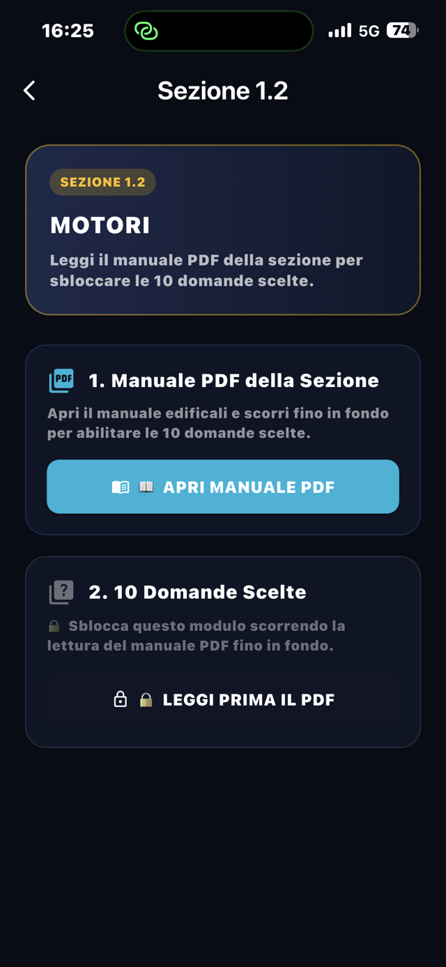 Velimpa app — sezione con manuale PDF e domande