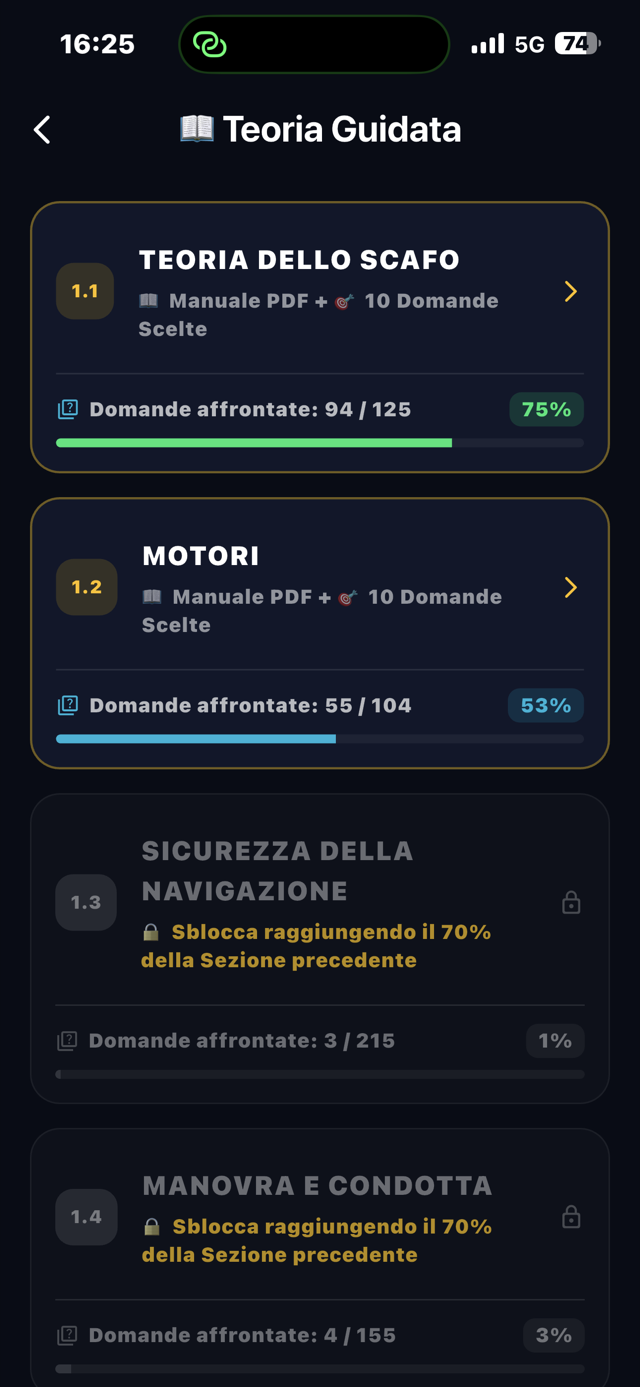 Velimpa app — teoria guidata a sezioni