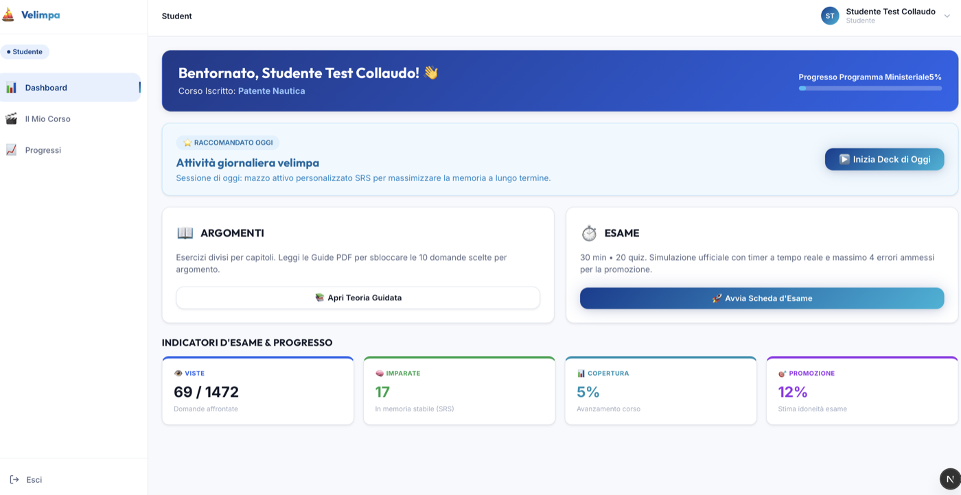 Velimpa — dashboard allievo su browser